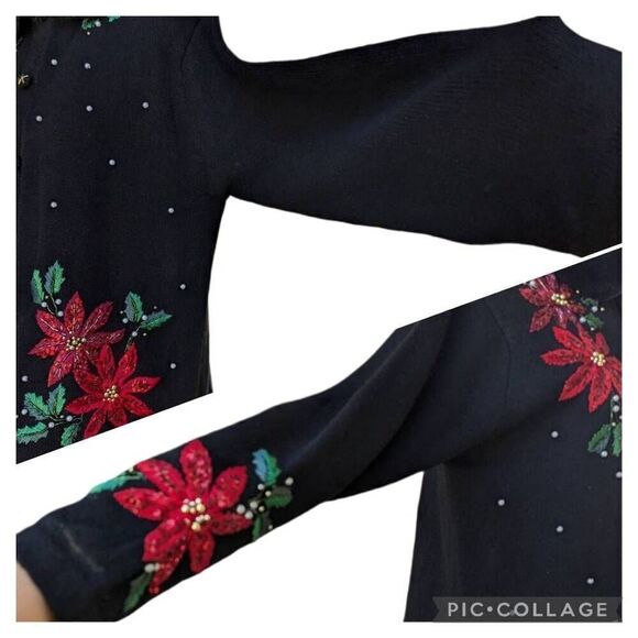 Vintage Ugly Sweater Black Red Christmas Flowers Cardigan Button Down Size M 90s - Picture 4 of 9